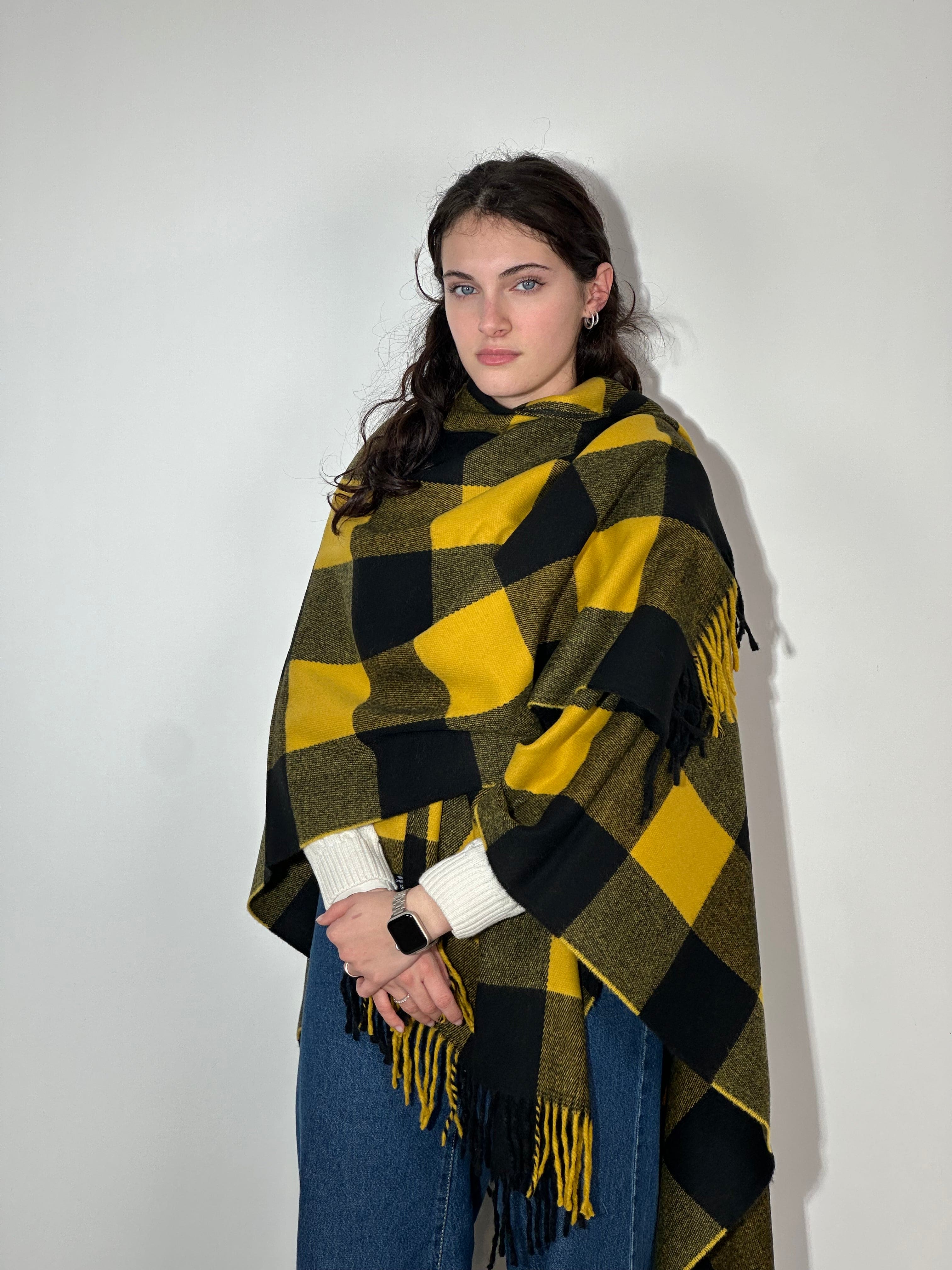 Poncho Quadrettato 1015 Nero - Senape