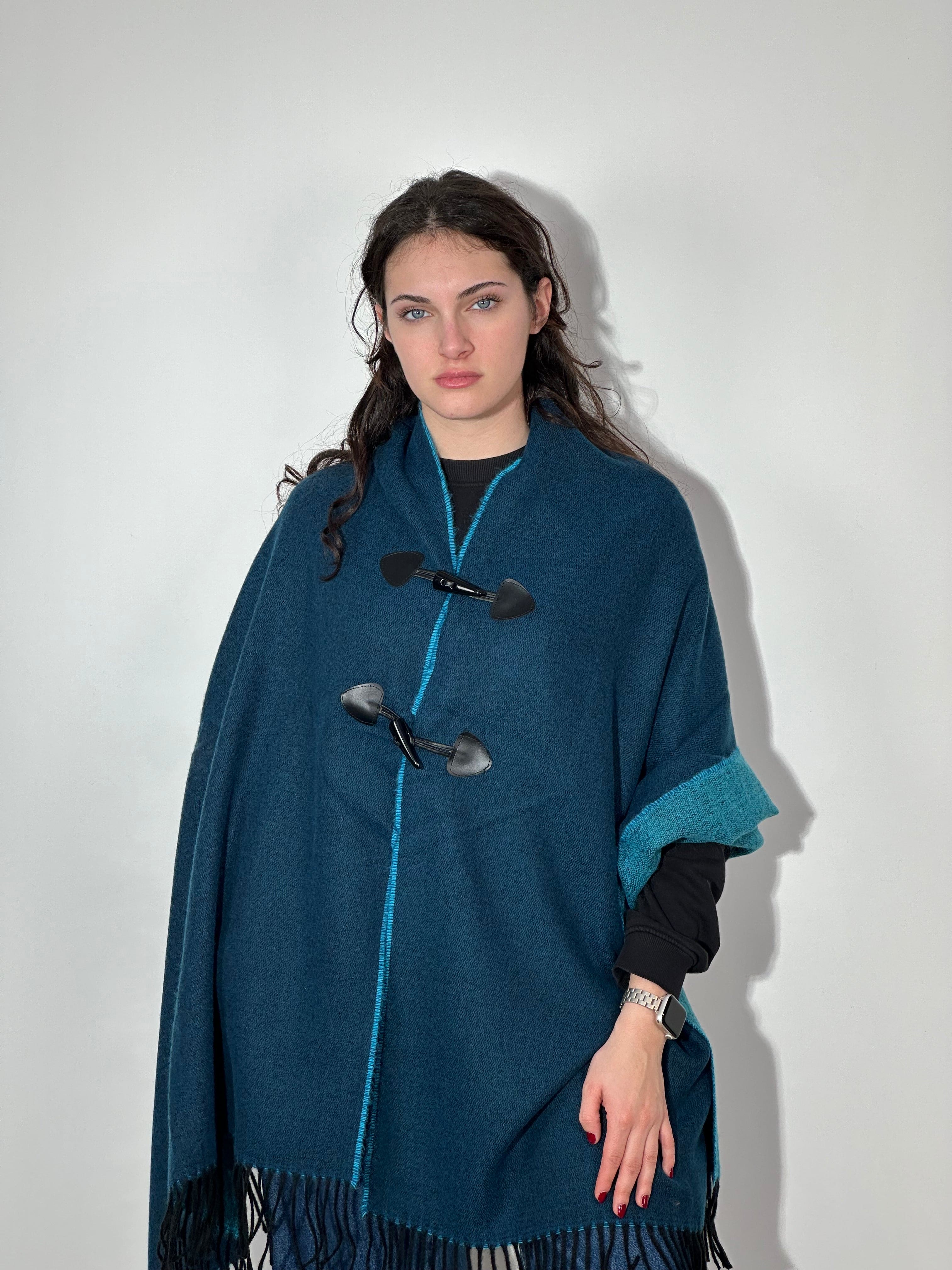 Stola Doubleface con Alamari Petrolio - Turchese