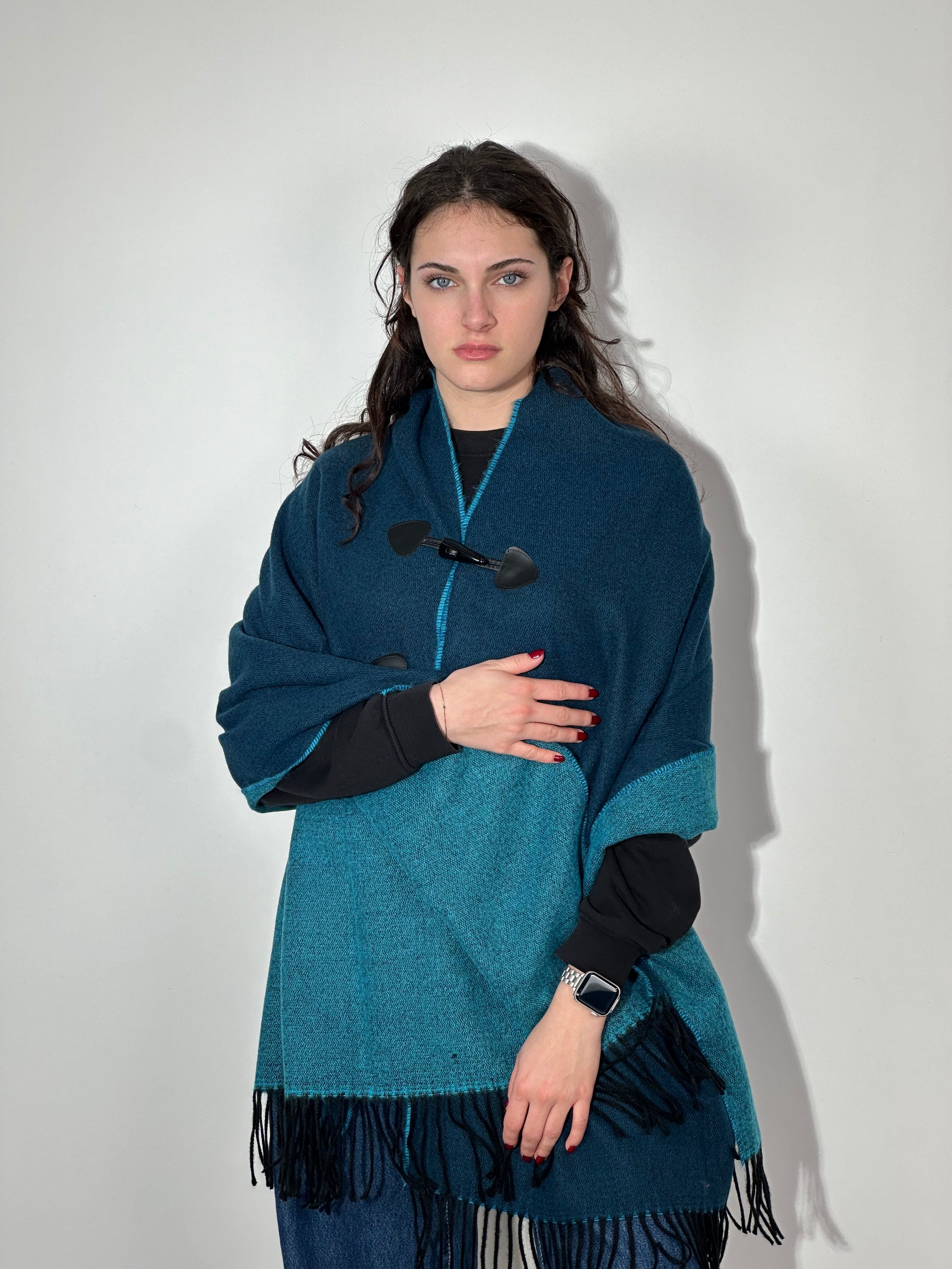 Stola Doubleface con Alamari Petrolio - Turchese