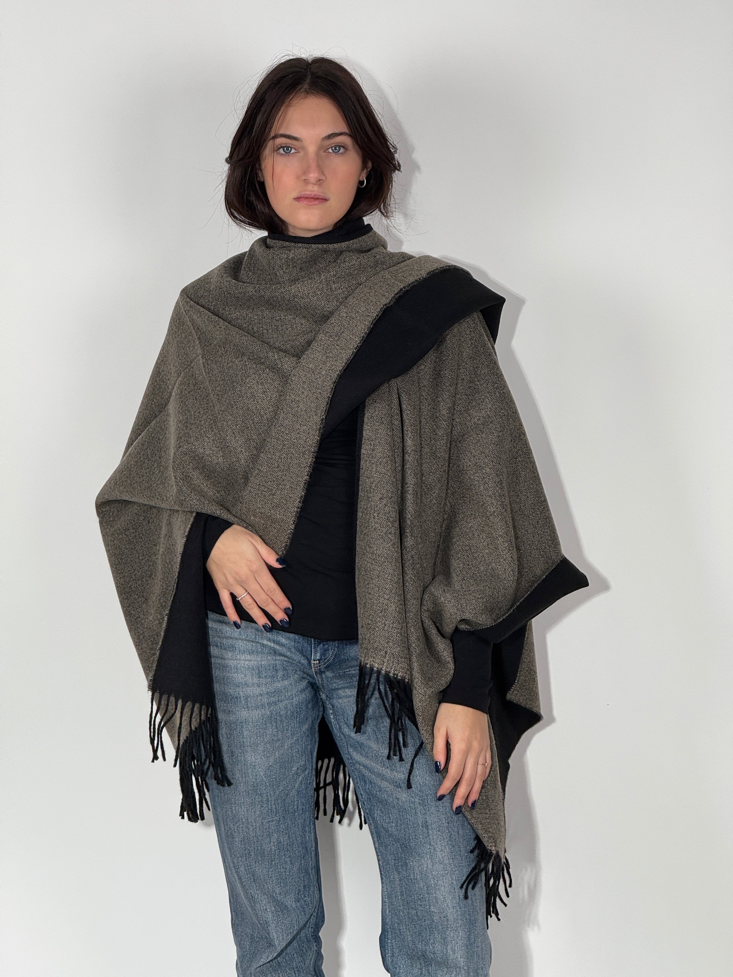 Poncho Double Face 924 - Nero/Beige Scuro