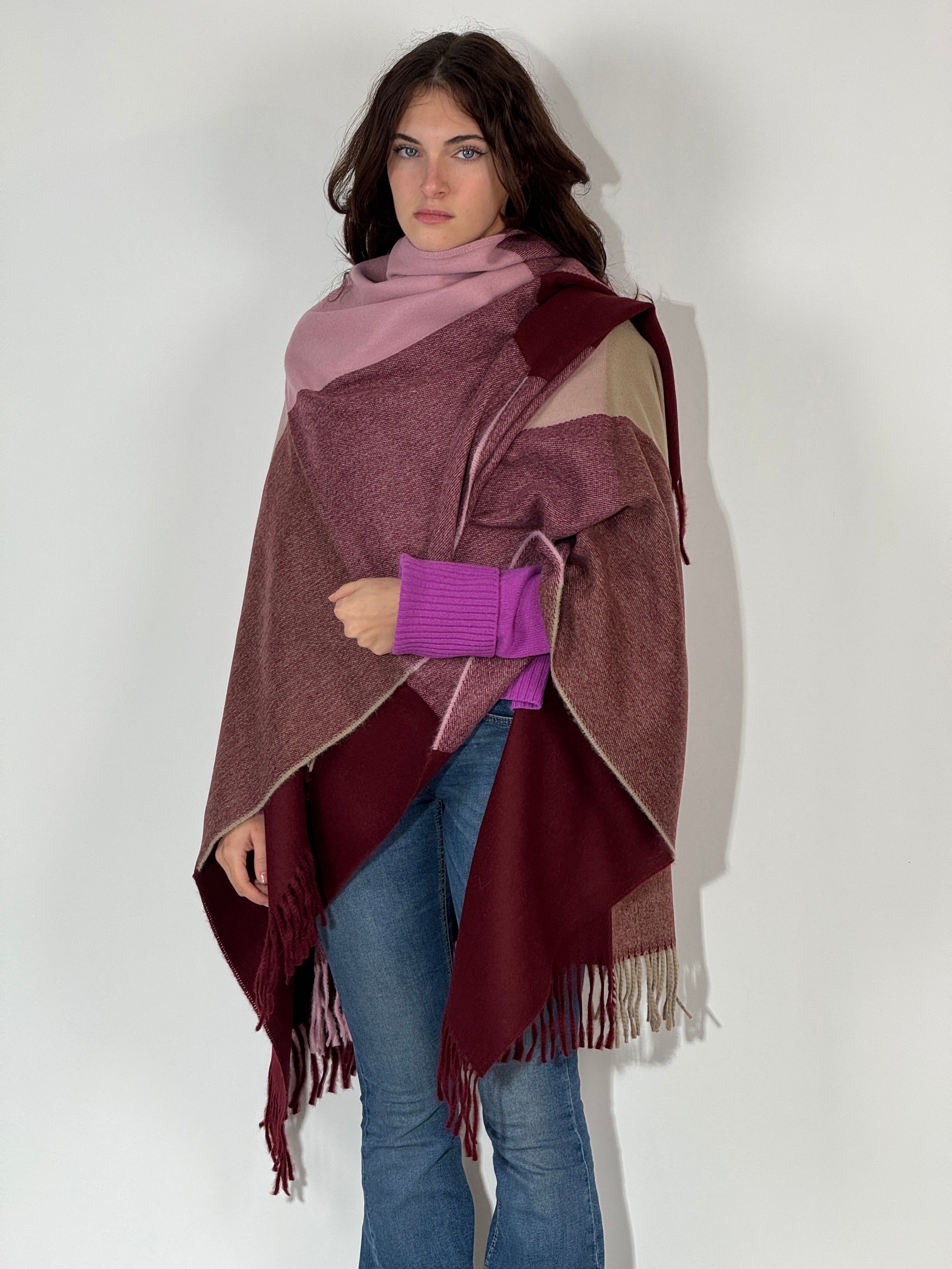 Poncho 927 Bordeaux - Beige - Rosa