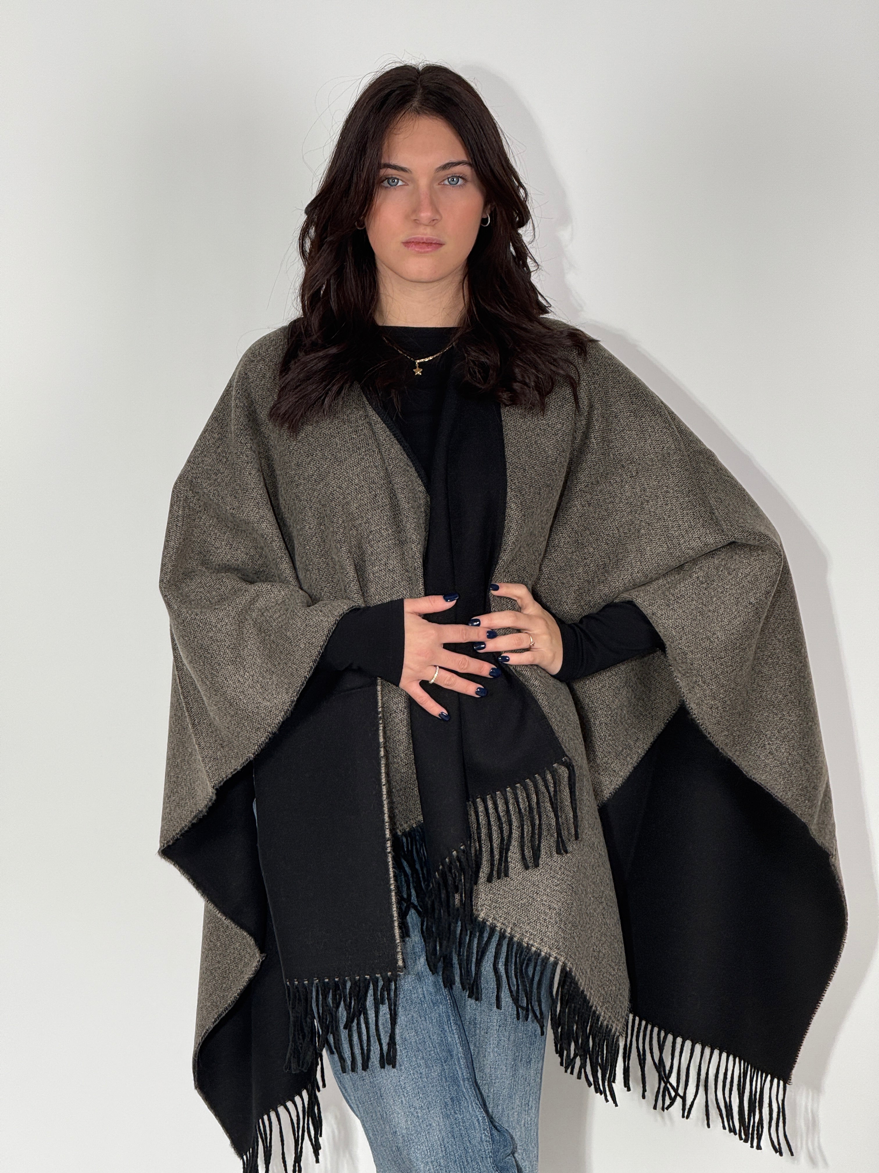 Poncho Double Face 924 - Nero/Beige Scuro