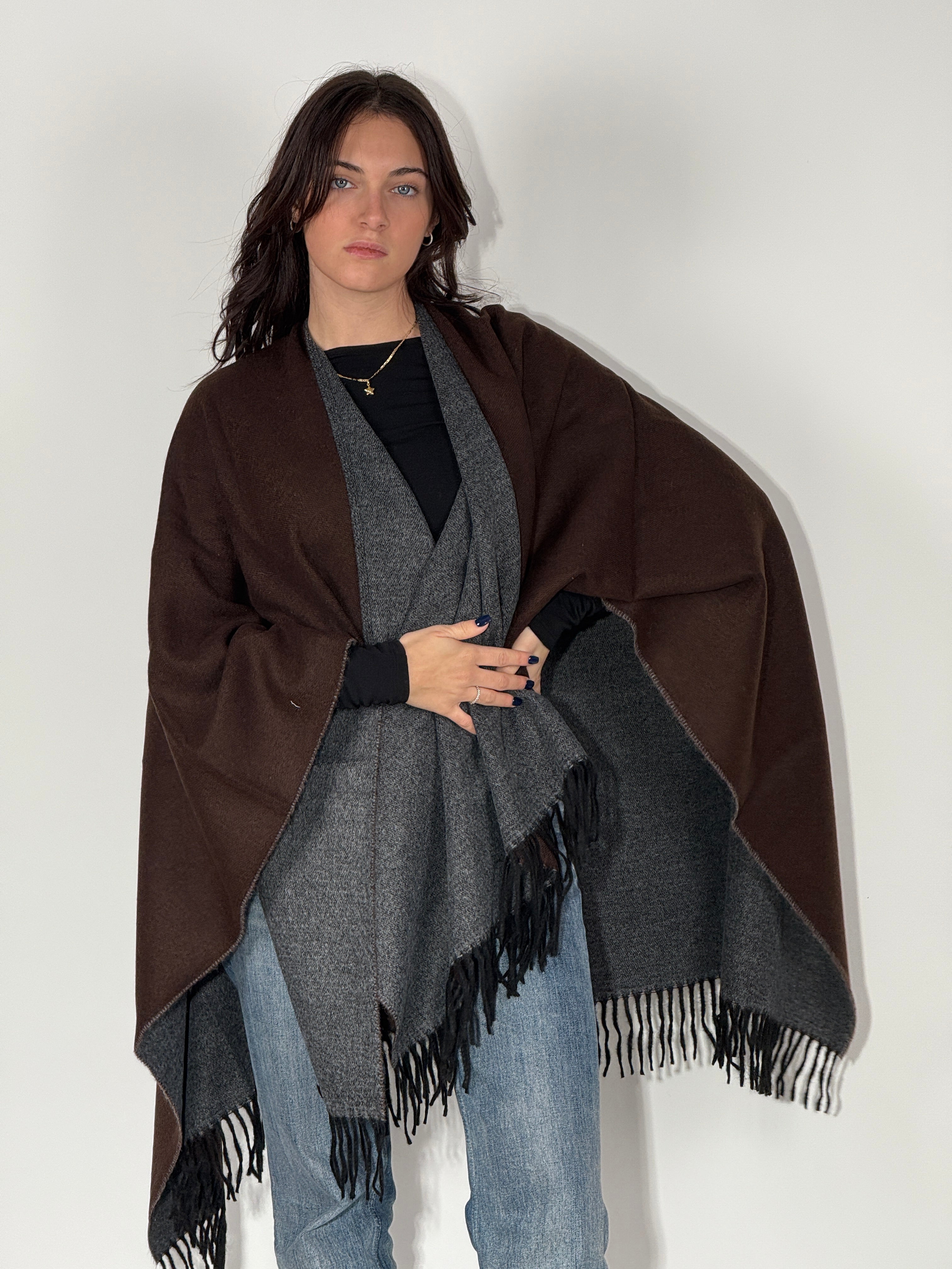 Poncho Double Face 924 - Marrone/Grigio