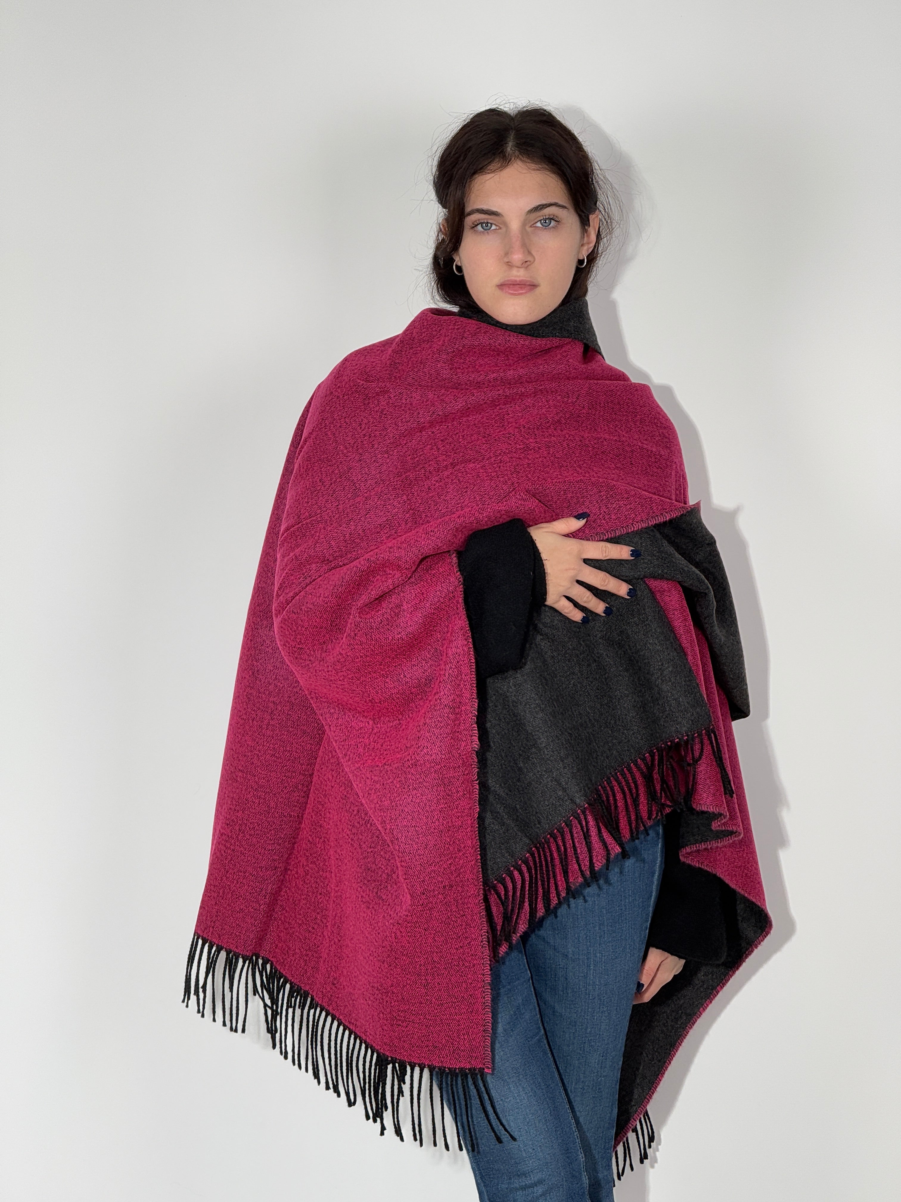 Poncho Double Face 924 Antracite - Fuxia