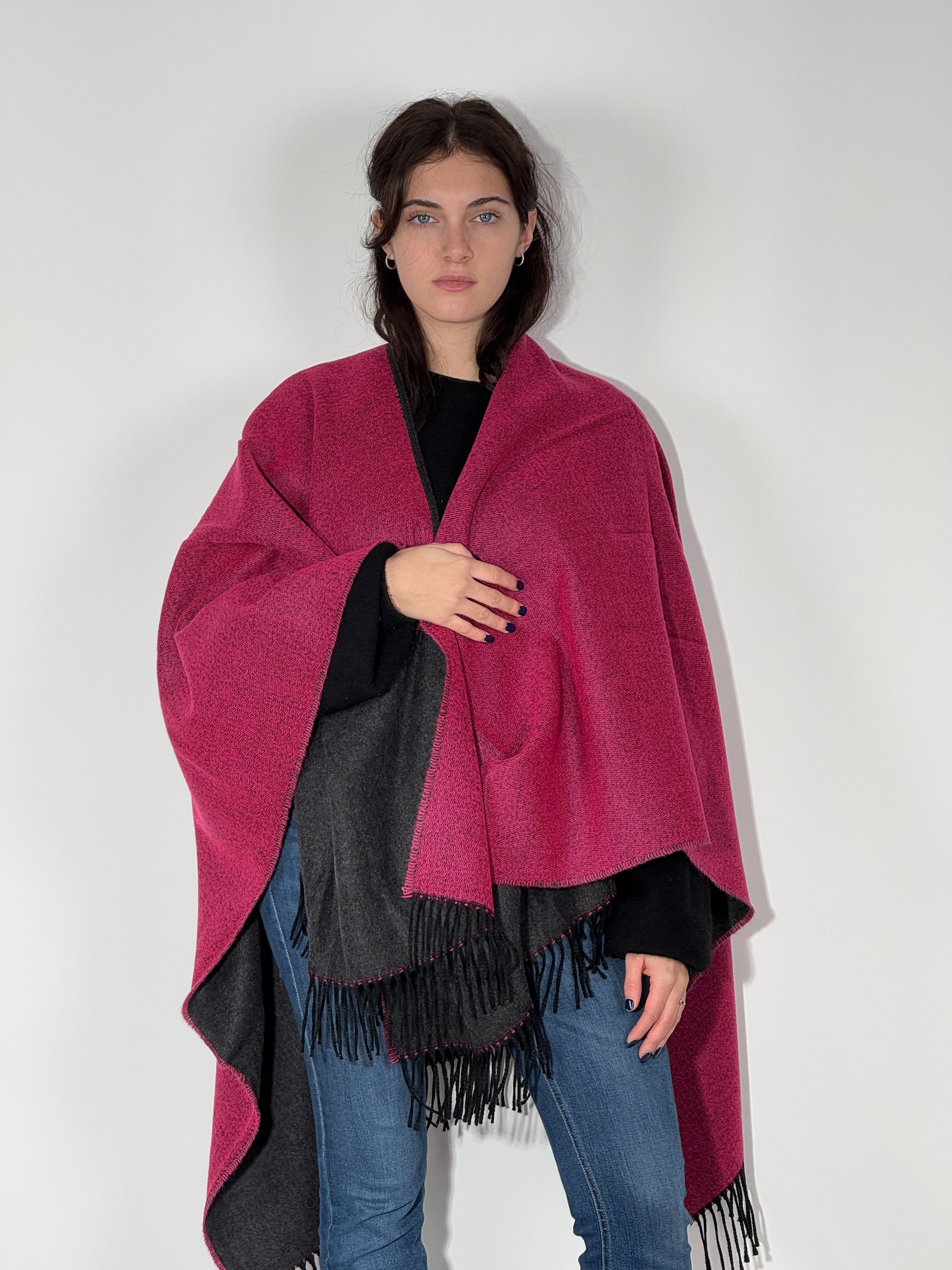 Poncho Double Face 924 Antracite - Fuxia