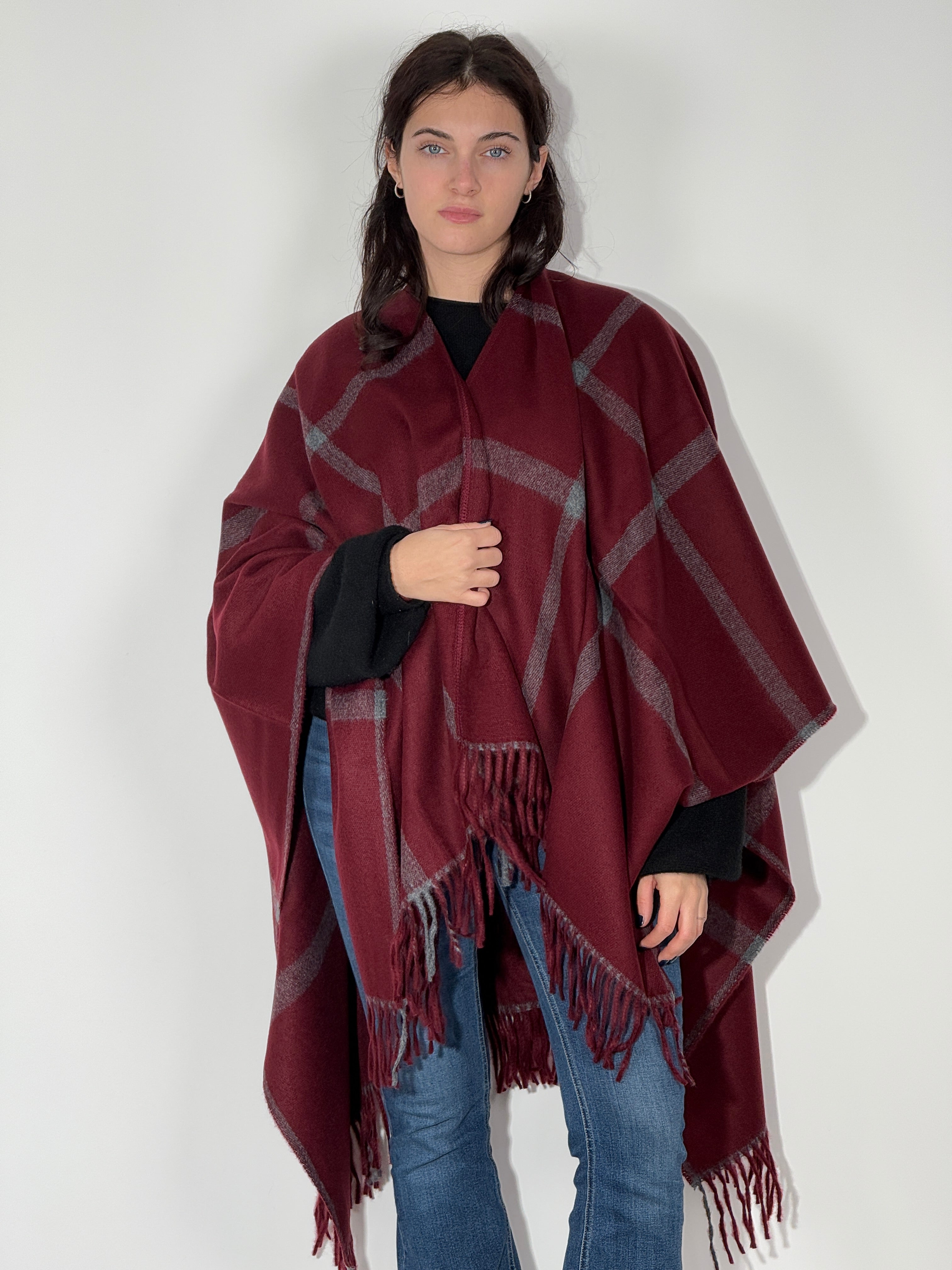 Poncho Quadri 971 Bordeaux-Grigio