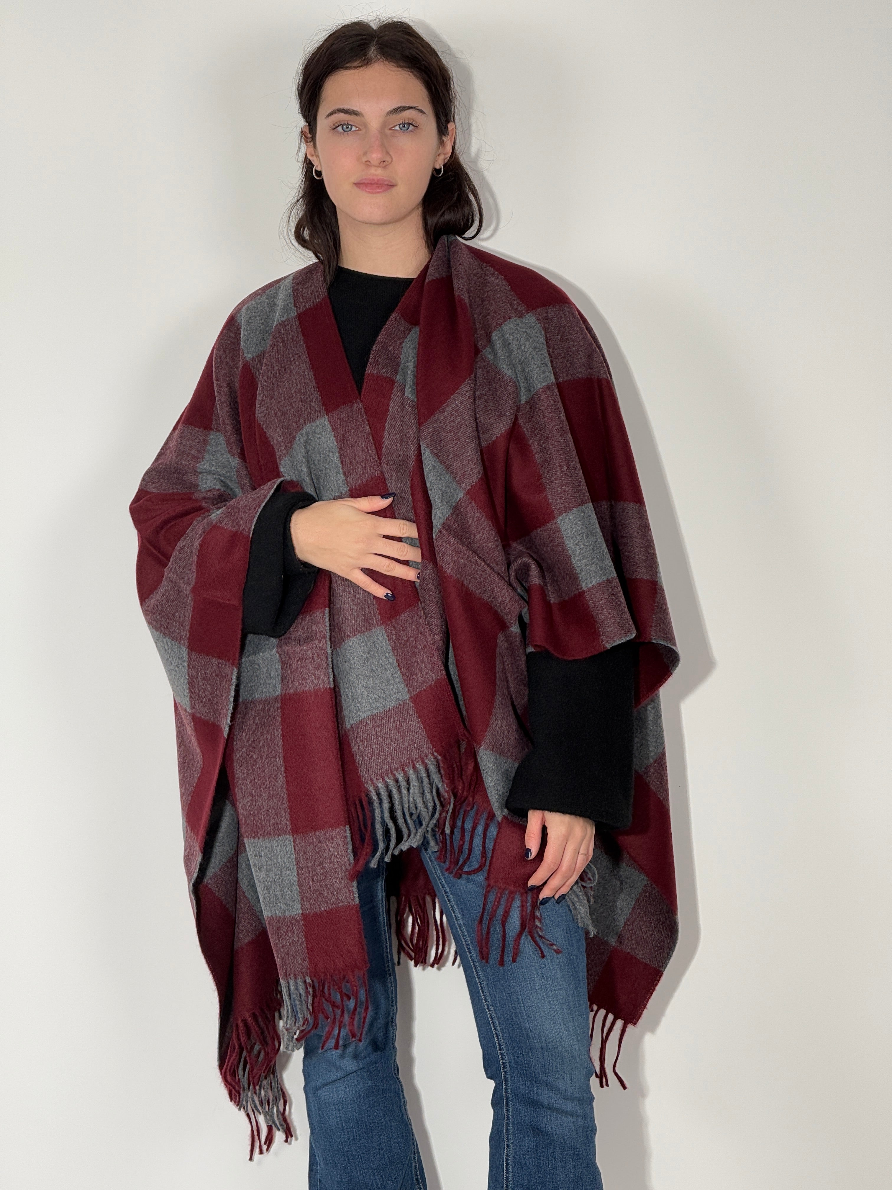 Poncho Quadrettato 973 Bordeaux - Grigio