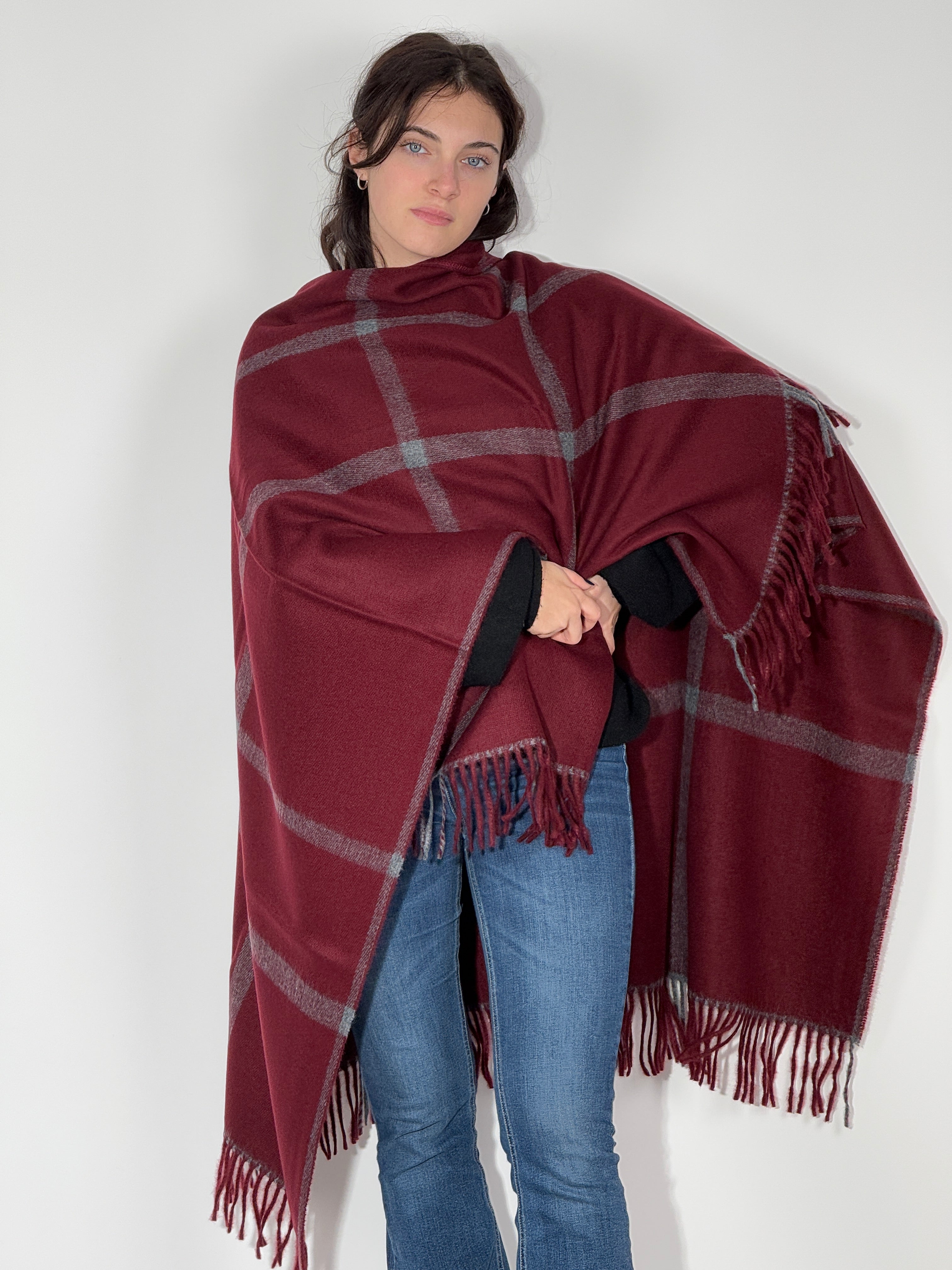 Poncho Quadri 971 Bordeaux-Grigio