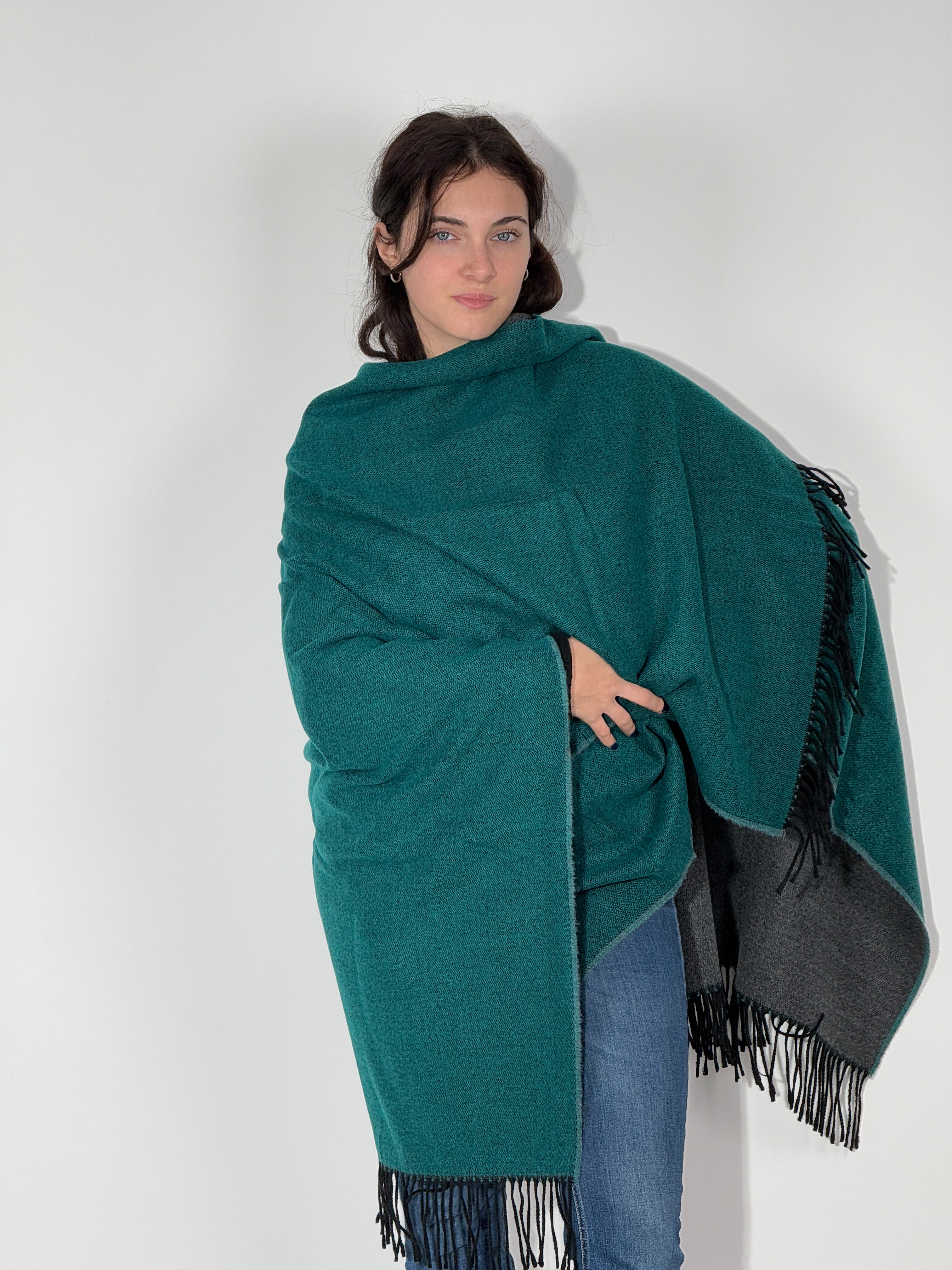 Poncho Double Face 924 Grigio - Verde Bosco