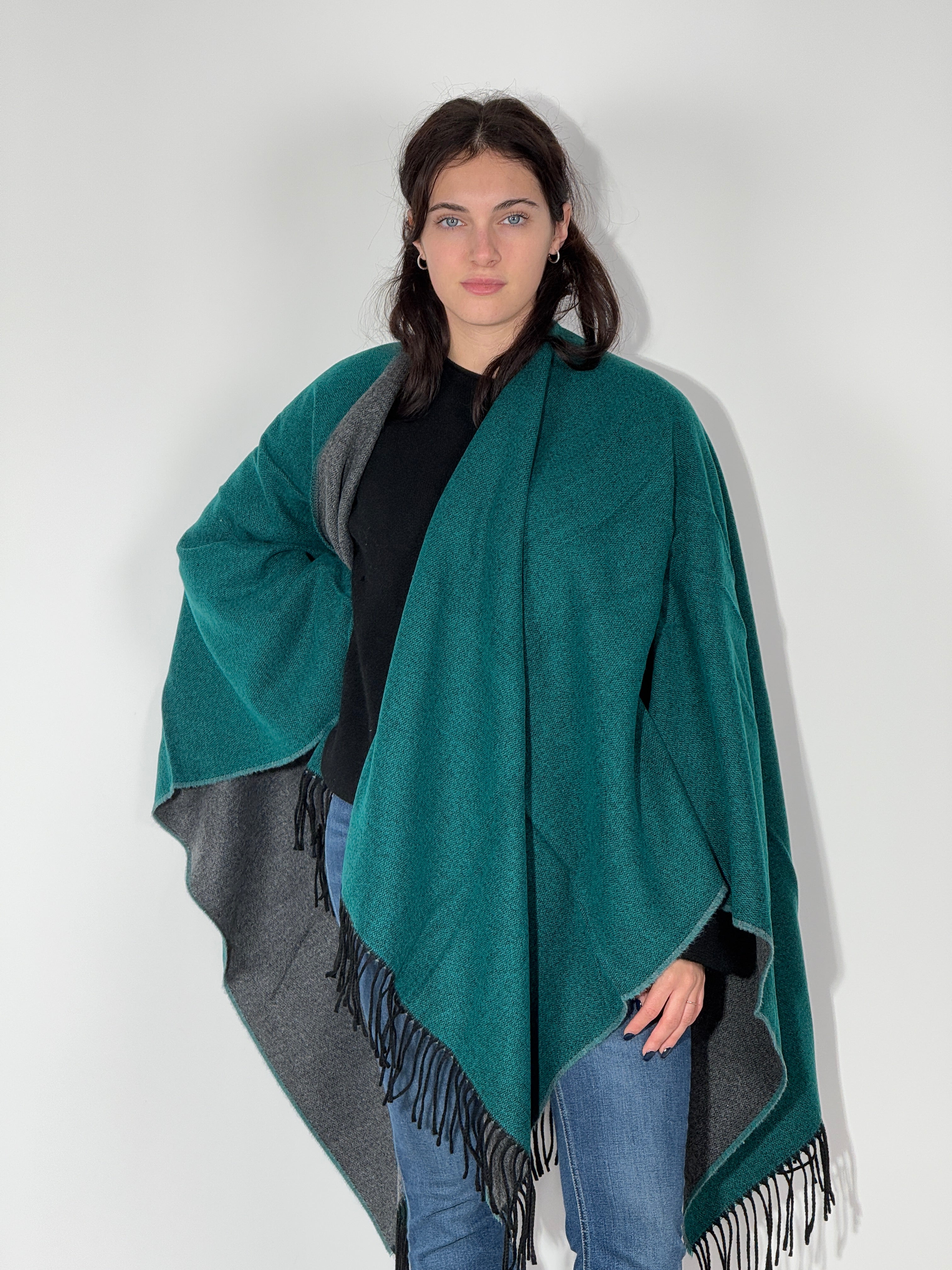 Poncho Double Face 924 Grigio - Verde Bosco