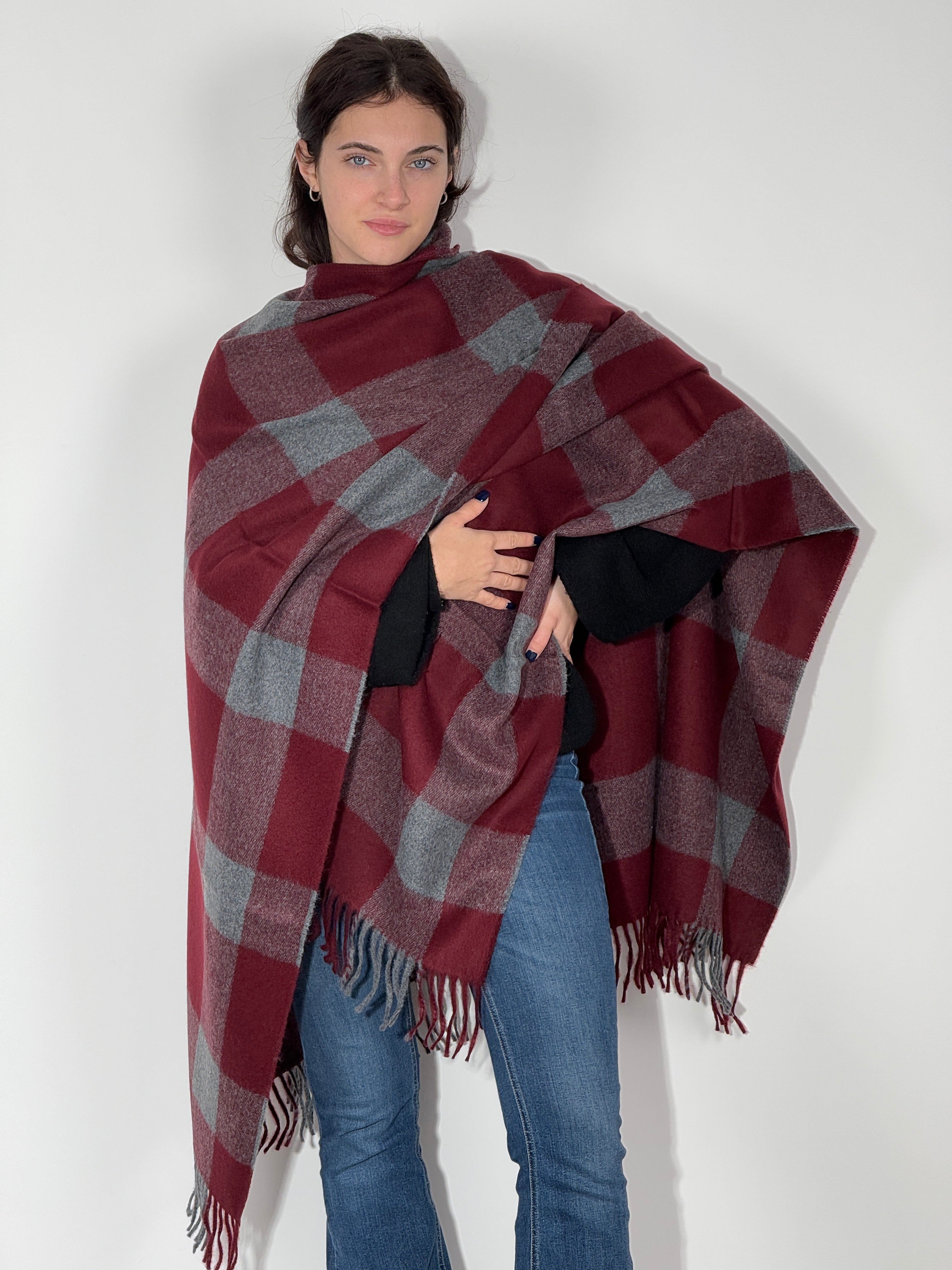 Poncho Quadrettato 973 Bordeaux - Grigio